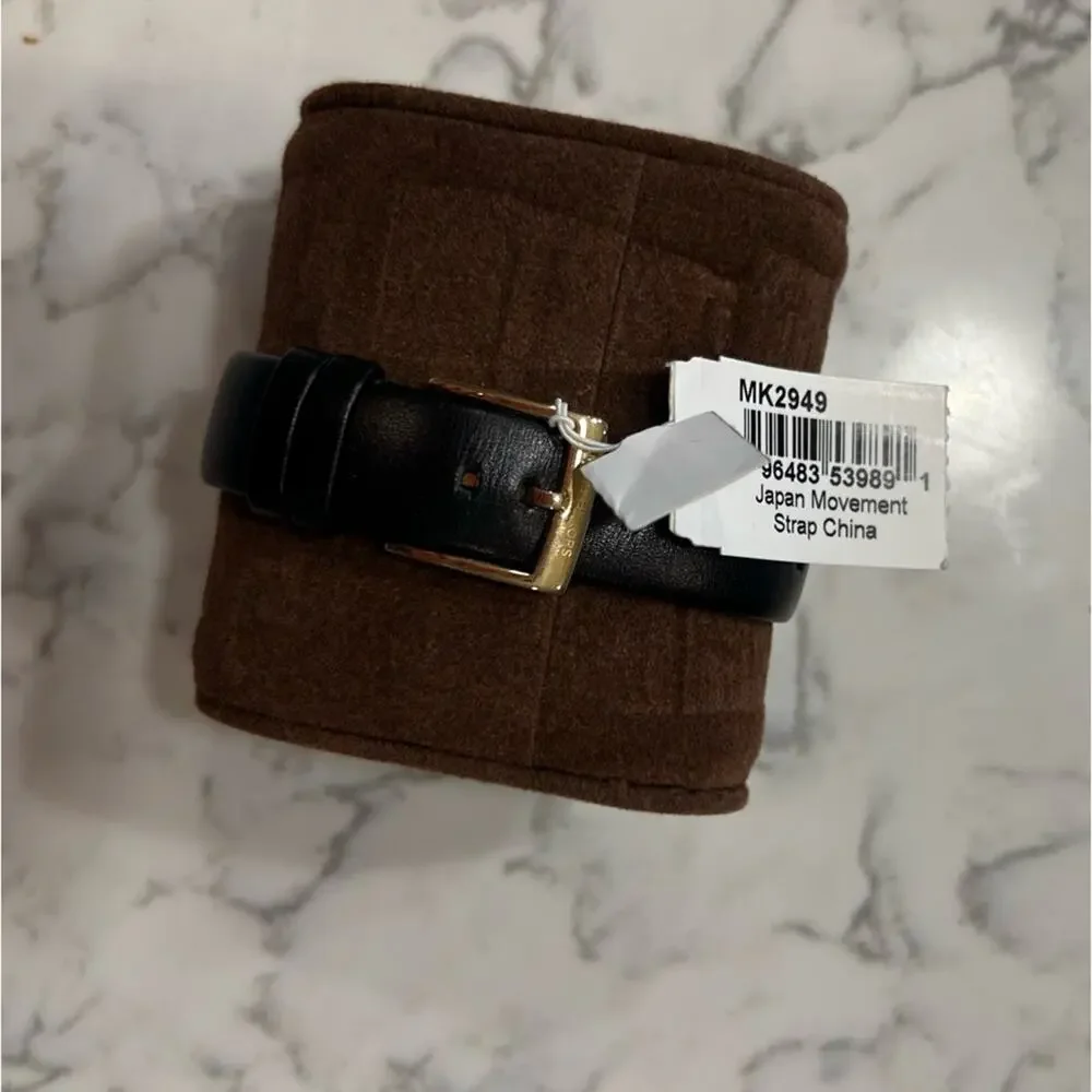 NWT Michael Kors Addyson MK2949 Black Leather Watch Gold Case Three Hand